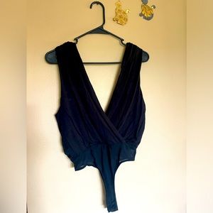 Black bodysuit, draped soft fabric, deep V, size S